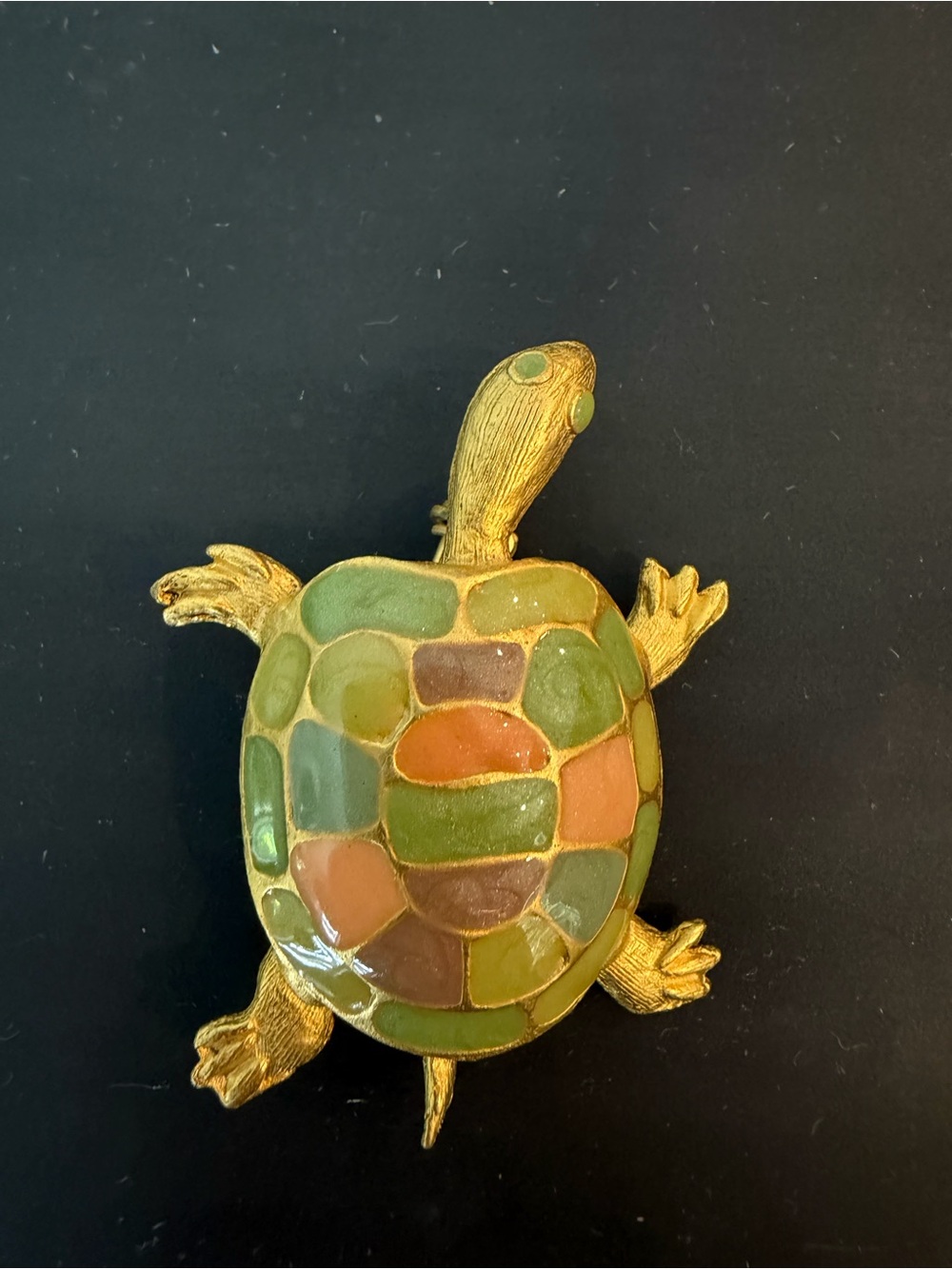 Metal Turtle Shaped Brooch Pin Collectible with Multicolor Mosaic Shell Design
